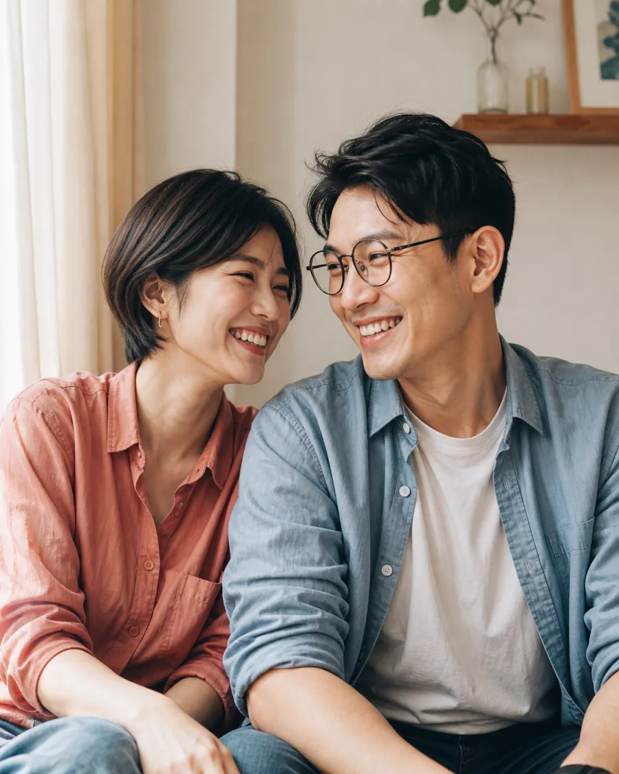 Cặp đôi cười bên nhau trong căn nhà ấm áp