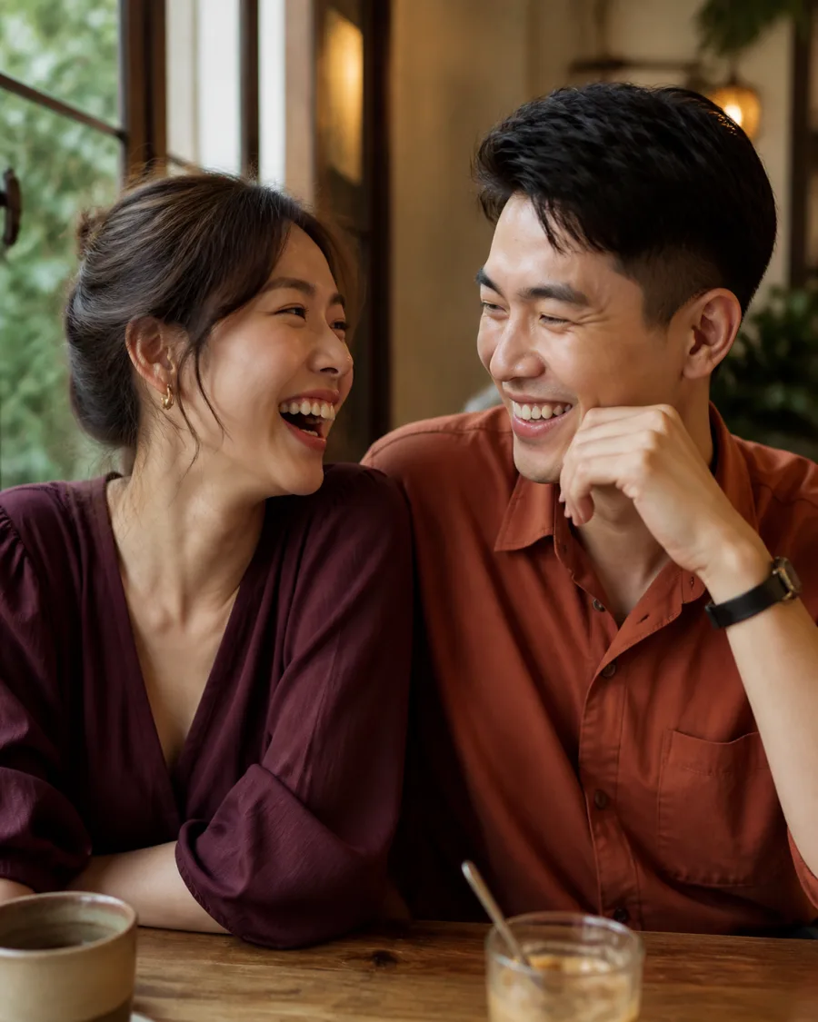 Cặp đôi vui vẻ bên nhau trong quán cà phê