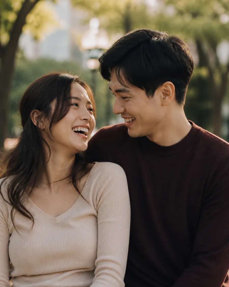 Cặp đôi trẻ cùng cười trong công viên
